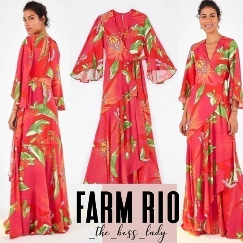 Farm Rio dress maxi Tropical floral kimono wrap belted spring summer